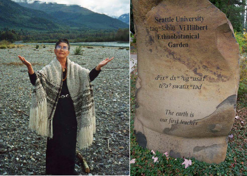 Photo of Vi Hilbert next to a photo of a stone marker in the ethnobotanical garden
