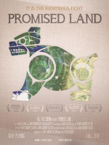 Poster of Promised Land video. A blue, green, and gold tribally designed bear is in the center. 