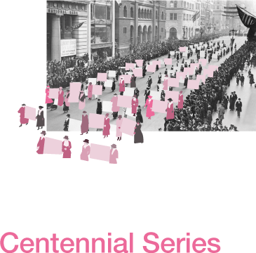 Historical Photo of Women's Suffrage March overlayed with pink graphic