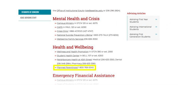 Screenshot of reference to planned parenthood website on college of arts and sciences website