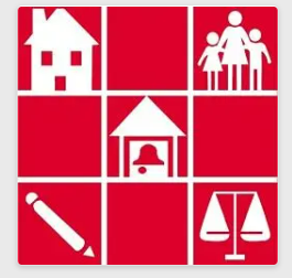 Red square with nine sections and five small logos: a house, a pencil, a scale, a family and a school