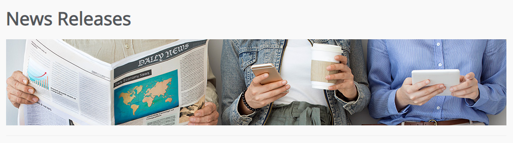 four people sitting next to each other, one holding a newspaper, one holding a phone and coffee cup and one holding a tablet
