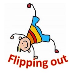 A cartoon character doing cartwheels over text that says 