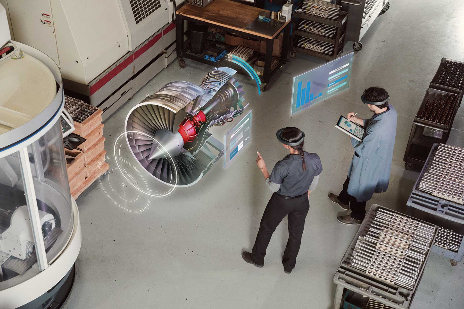 Engineers Using Microsoft HoloLens to Visualize a Jet Engine