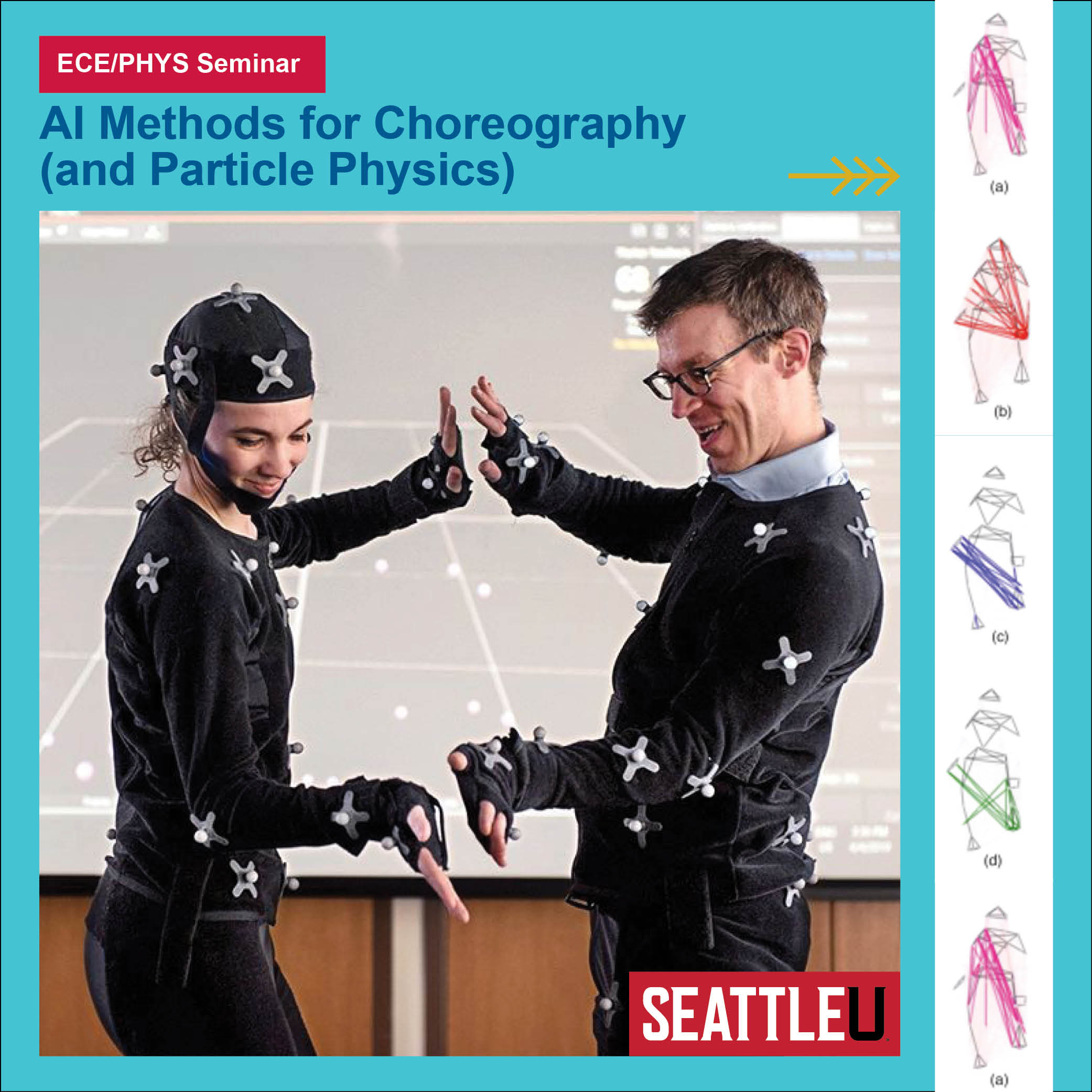Dr. Mariel Pettee and friend in suits with sensors, Announcing ECE/PHYS Seminar at Seattle University 