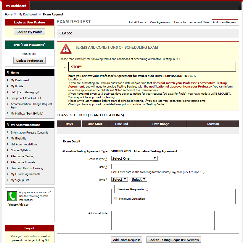 Screenshot of Alternative Testing Page in myDS that allows you to schedule exams in a particular class. It includes drop down menus and questions about what time and date to request an exam as well as what services you are requesting.