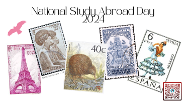 Variety of postage stamps in zoom background