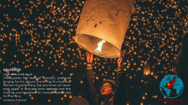 Zoom Background - Woman lifting paper lantern into the sky with many paper lanterns floating behind