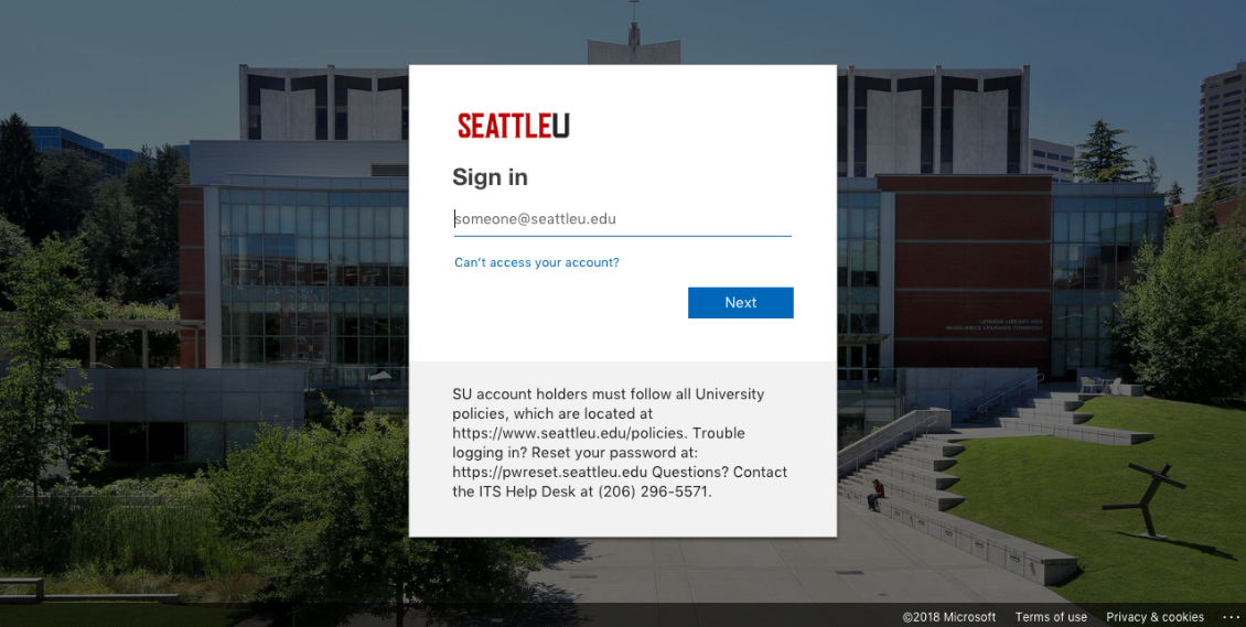 screenshot of the new SeattleU Office 365 Portal with an image of Lemieux Library