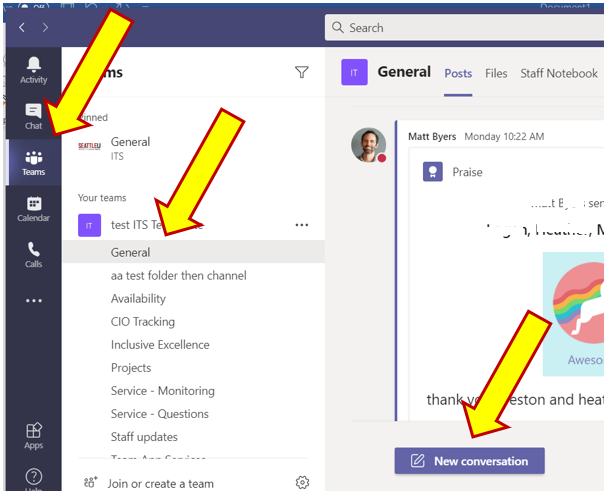 The process of how to send a message in Microsoft Teams
