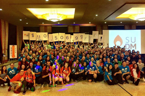 attendees at the 2016 Dance Marathon holding up signs showing that a total of $110,506.99 was raised