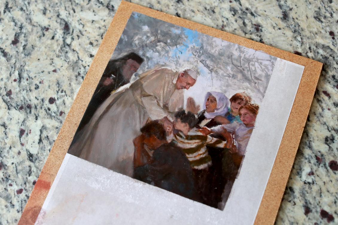 A photo of Paul Mullally's painting in progress of Pope Francis
