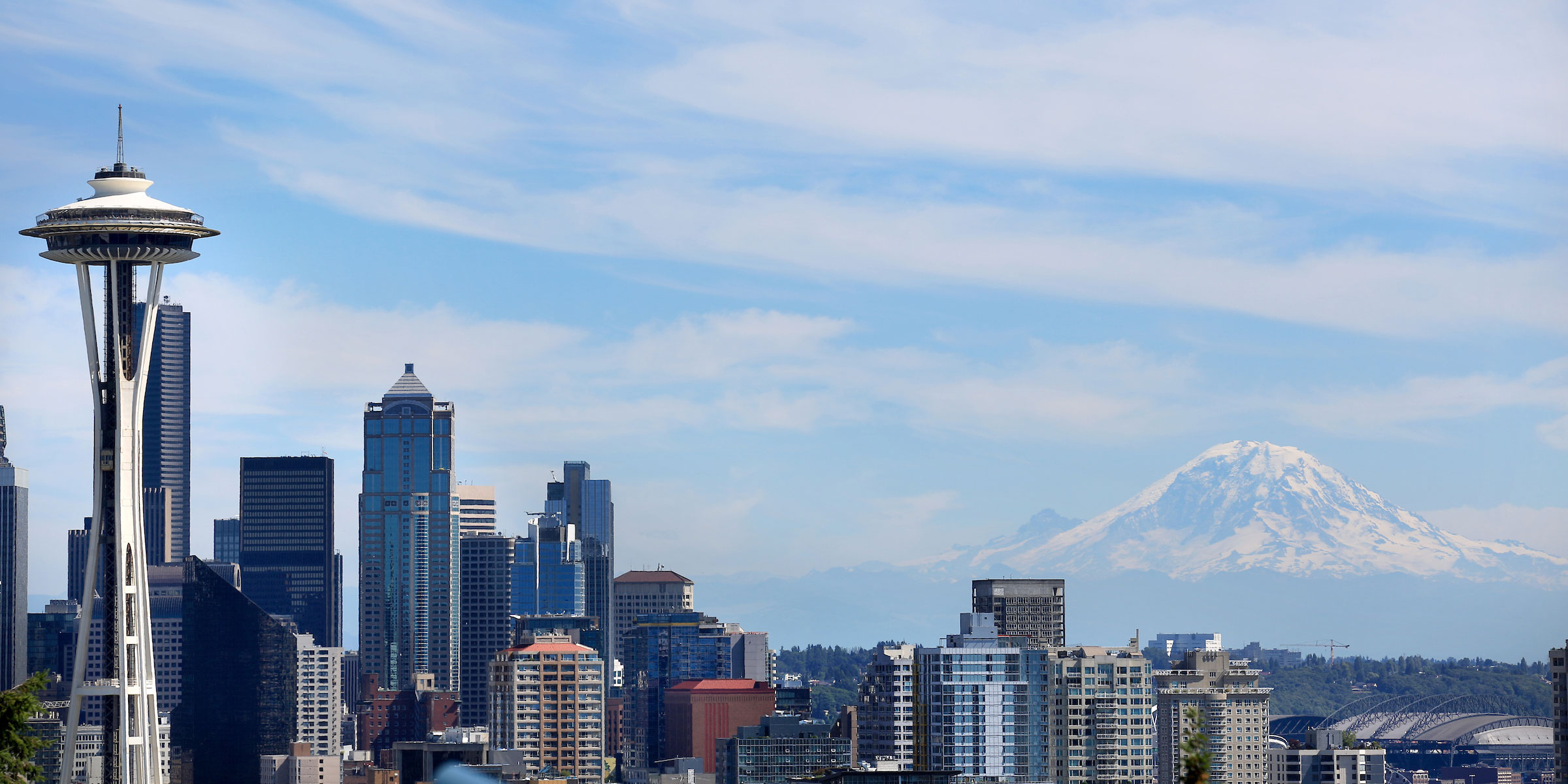 downtown Seattle skyline with space needle and Mt. Rainier shot from Kerry Park
