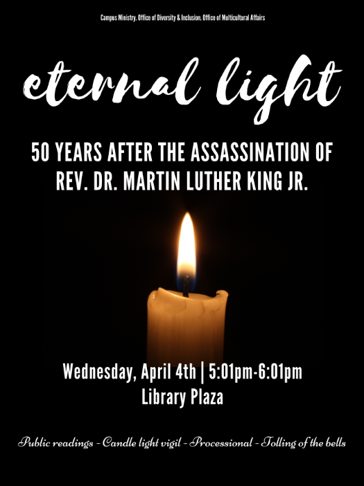 Burning candle light with white words explaining Martin Luther King Jr. Remembrance Event