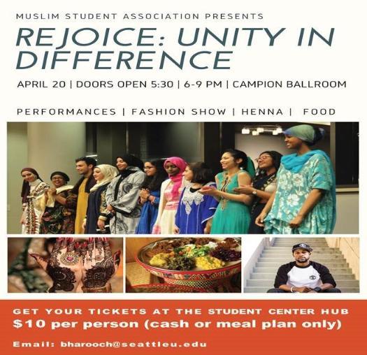 Rejoice: Unity in Difference picture with multicultural images. Event will take place on April 20th from 6pm-9pm in Campion Ballroom. Tickets are $10 and can be purchased at the Student Center HUB,