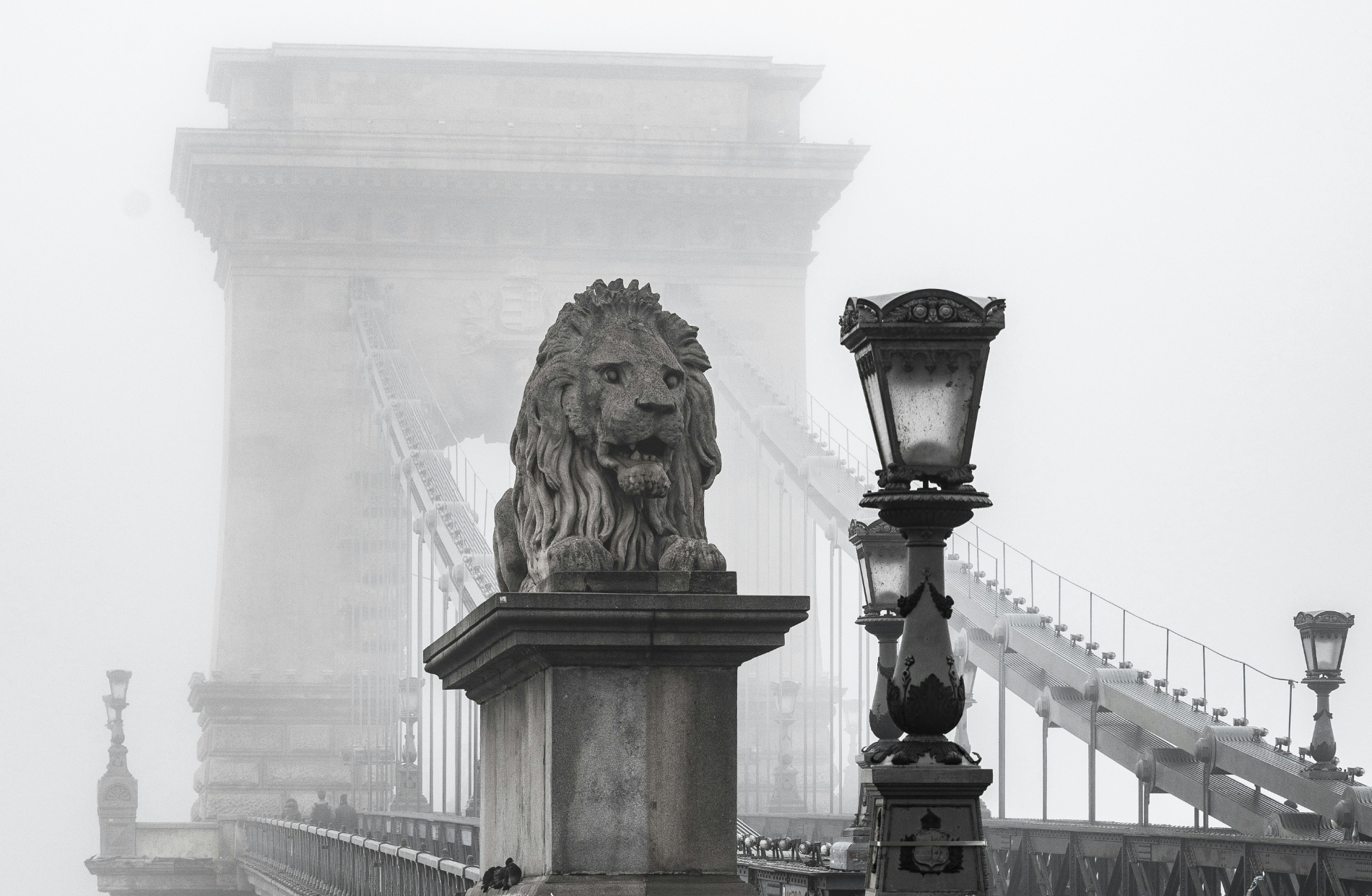 foggy view of the lion sculpture at the end of the Chain bridge