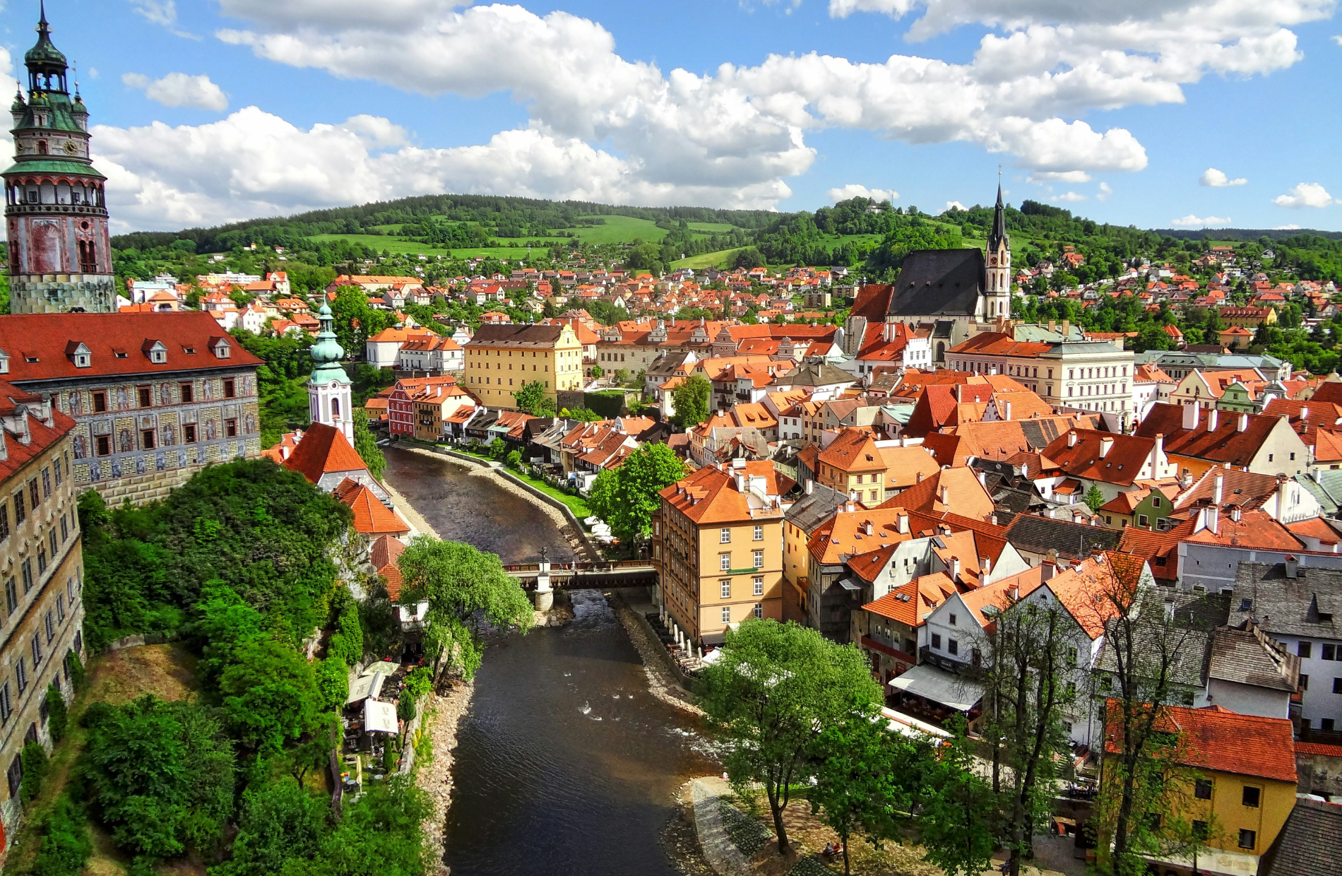 high view of a river with buildings on both side