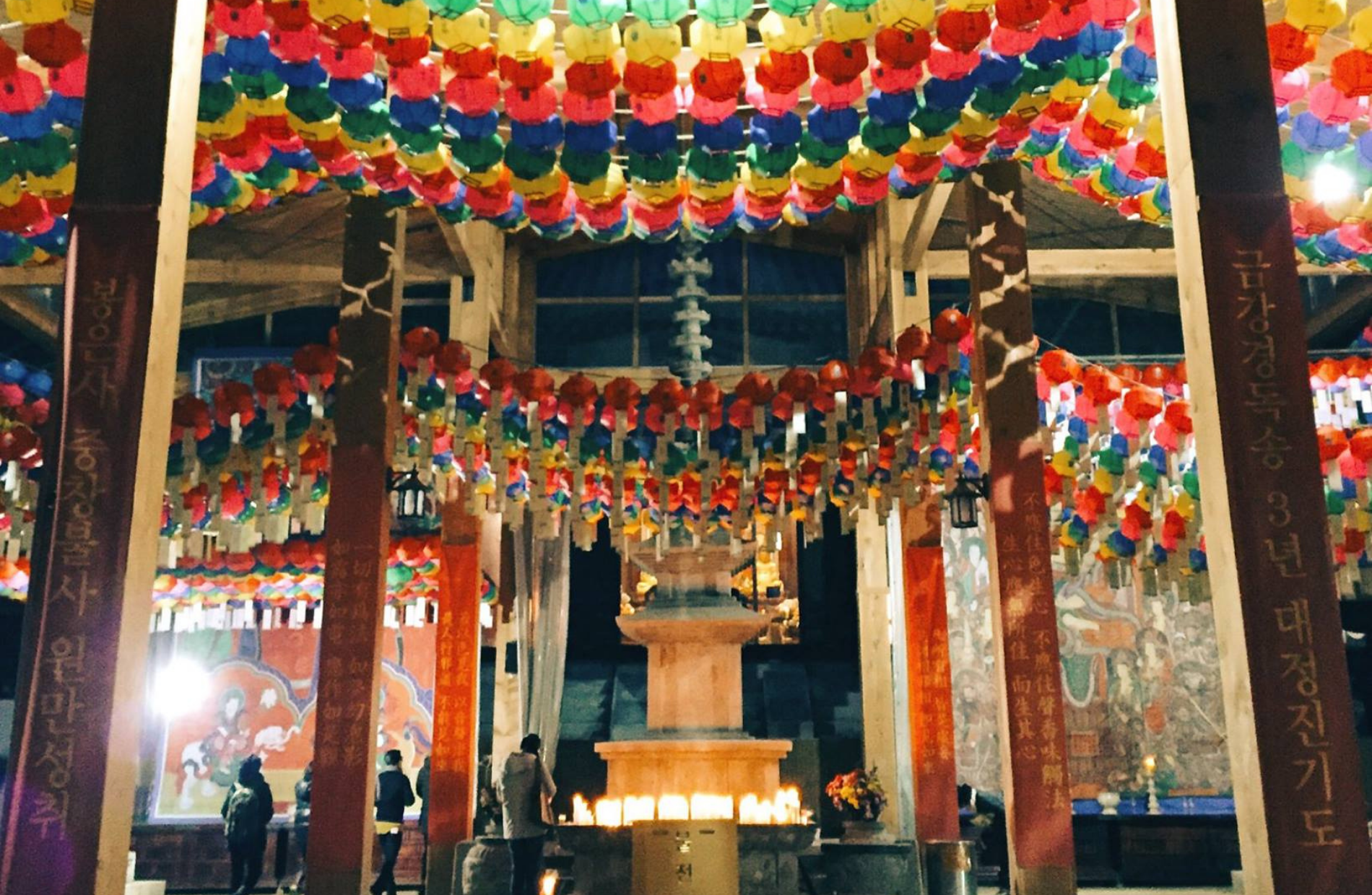 Colorful canopy of lanterns in a temple