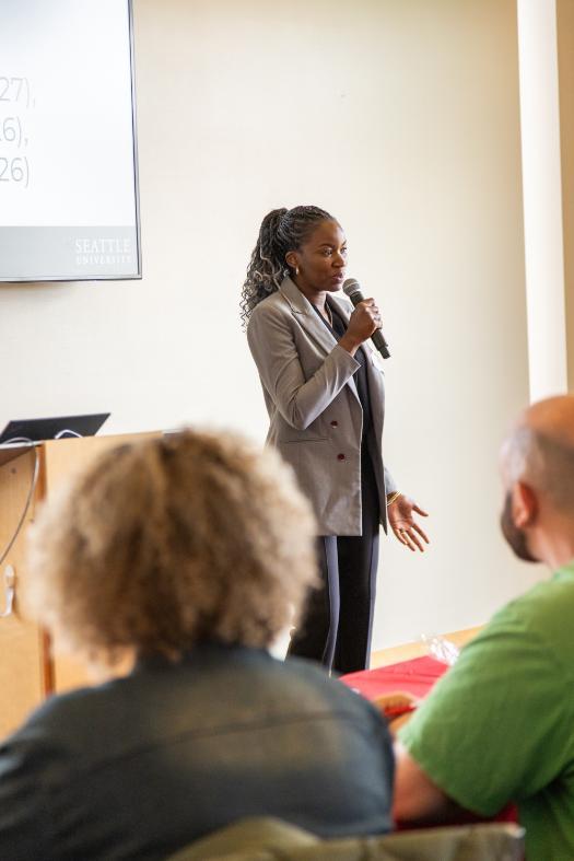 A student presenting at the Harriet Stephenson Business Plan Competition Pitch Competition