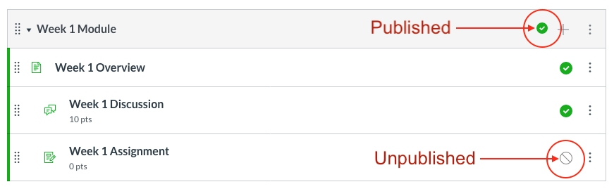 Screenshot of a module with Published and Unpublished content icons