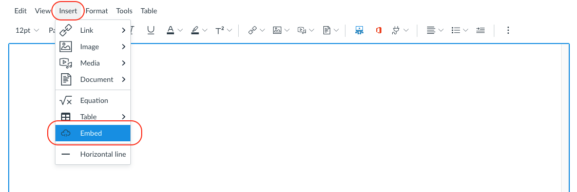 Screenshot highlighting process to insert embed code into Canvas using the RCE