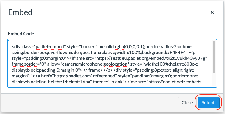 Where to paste Padlet embed code in Canvas using new RCE