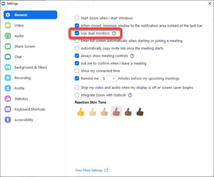 Screenshot of how to enable dual monitors in your Zoom settings