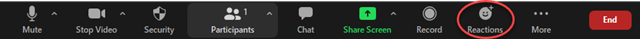 Screenshot of Zoom meeting controls highlighting Reactions button