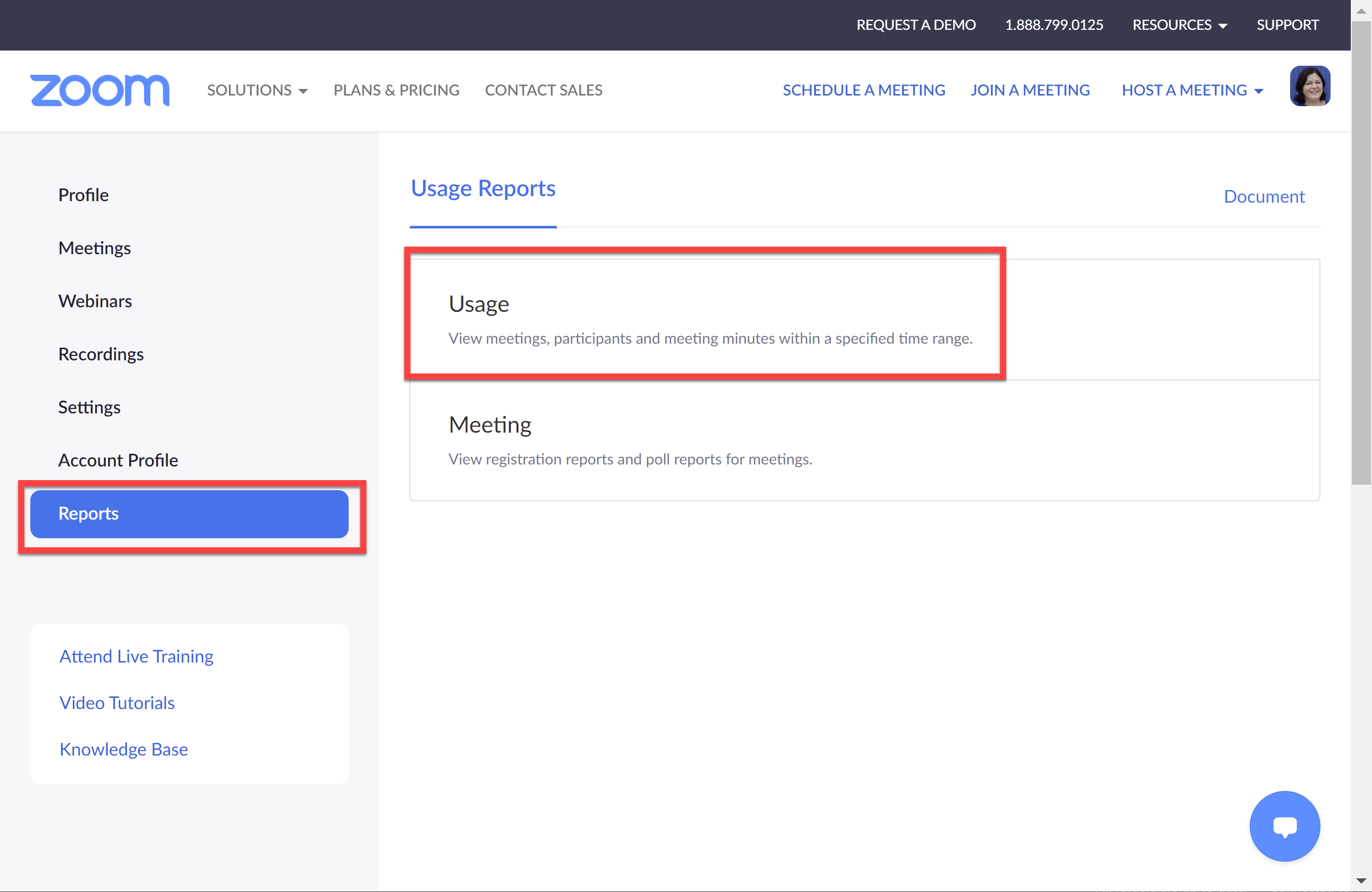 Screenshot highlighting how to find Zoom Usage Reports in the Zoom Web Portal