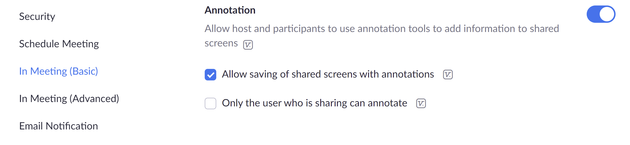 Screenshot of how to enable annotations in your Zoom settings