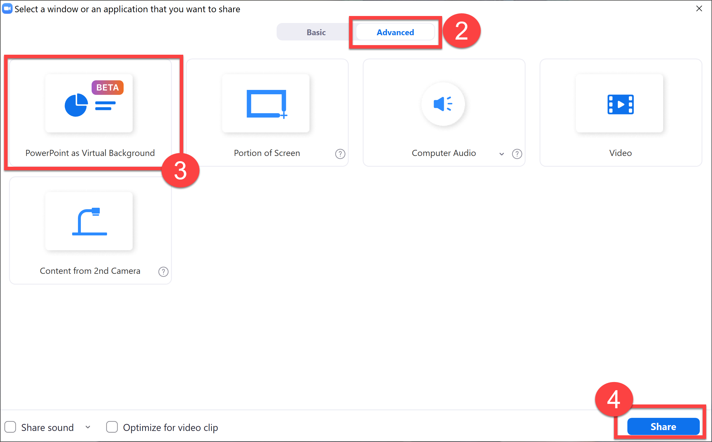 Screenshot of how to select PowerPoint as Virtual Background option under Screen Share