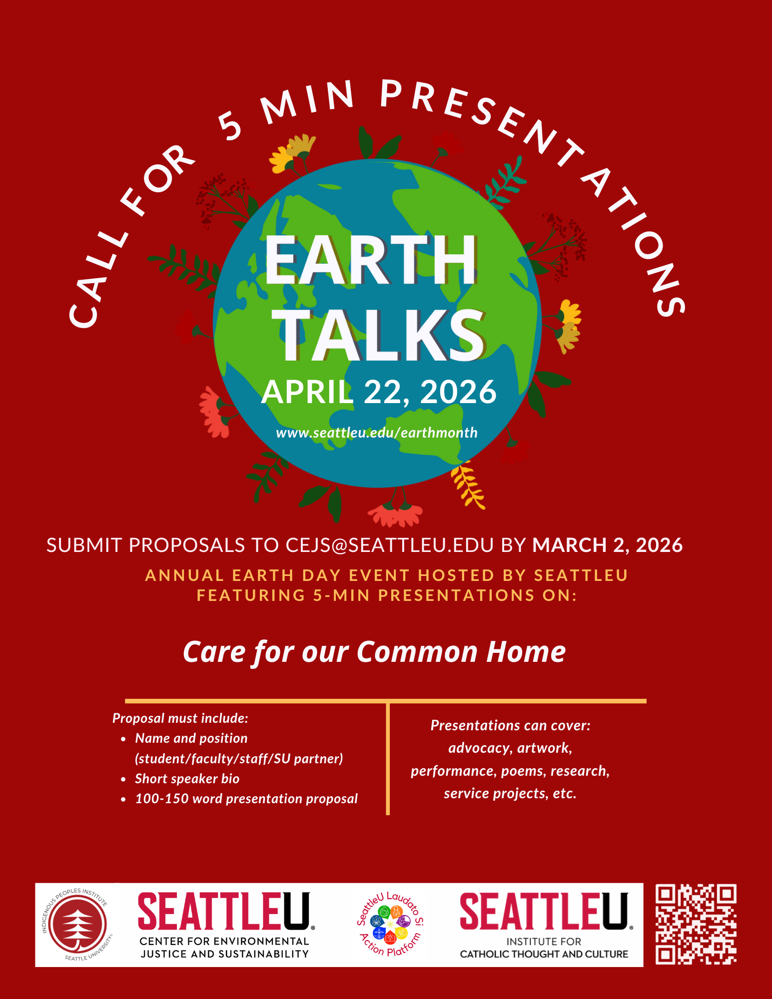 Flyer for call for Earth Talks, April 22 2026, Submit proposals by March 2 2026 to cejs@seattleu.edu