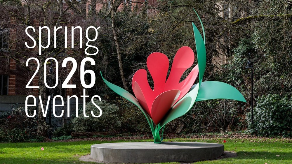 Photo of Seattle University's Tulip art piece on the campus lawn, with the words Spring 2026 events on the left.