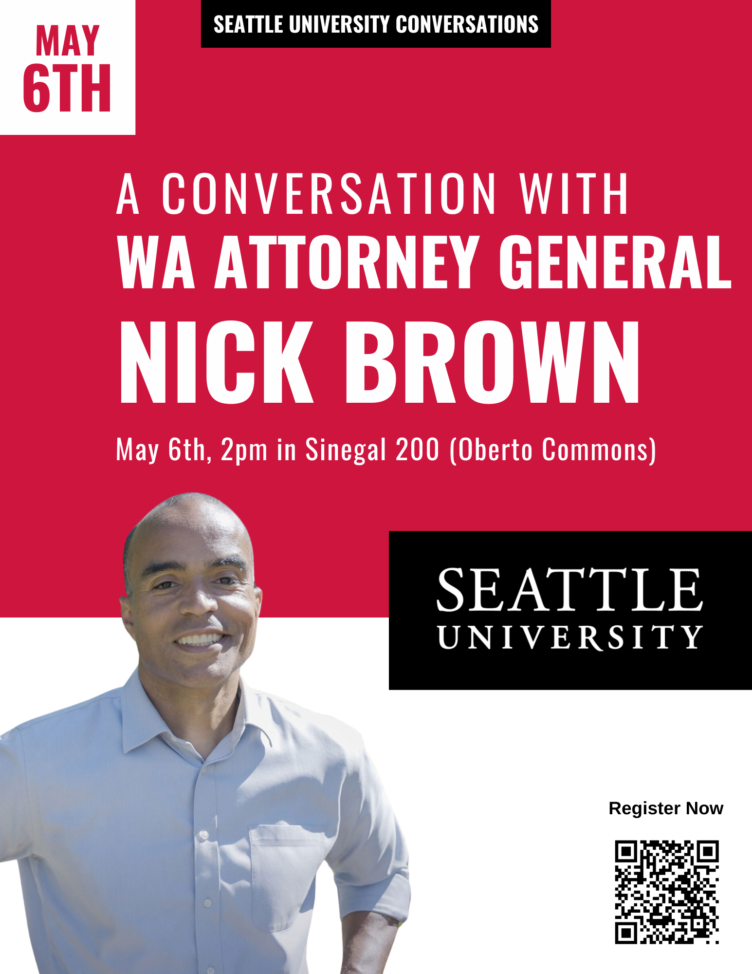 A flyer for an event on May 6 with Nick Brown