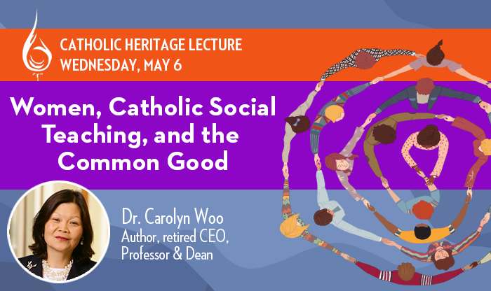 Flyer for Spring SCHL with Carolyn Woo. All the information as below. Graphic of women holding hands in multiple circles on the right side of the flyer.