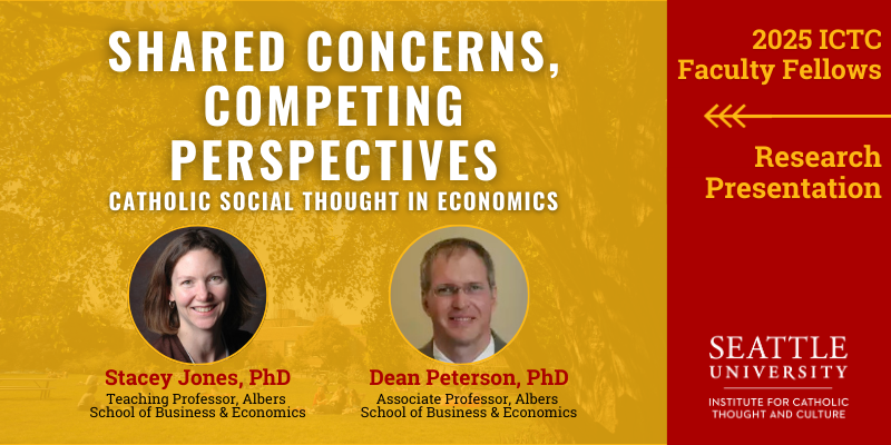 Banner for faculty research presentation with Dr. Stacey Jones and Dr. Dean Peterson. Title: Shared concerns, competing perspectives. (Headshot of them and same information as below)