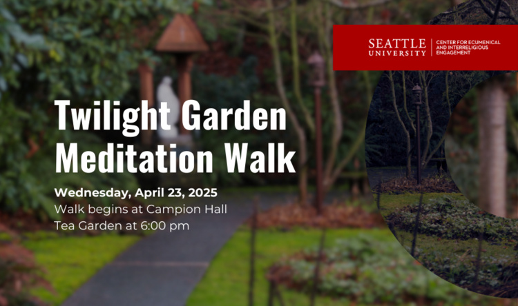 Twilight Garden Meditation Walk flyer with a SU garden as background