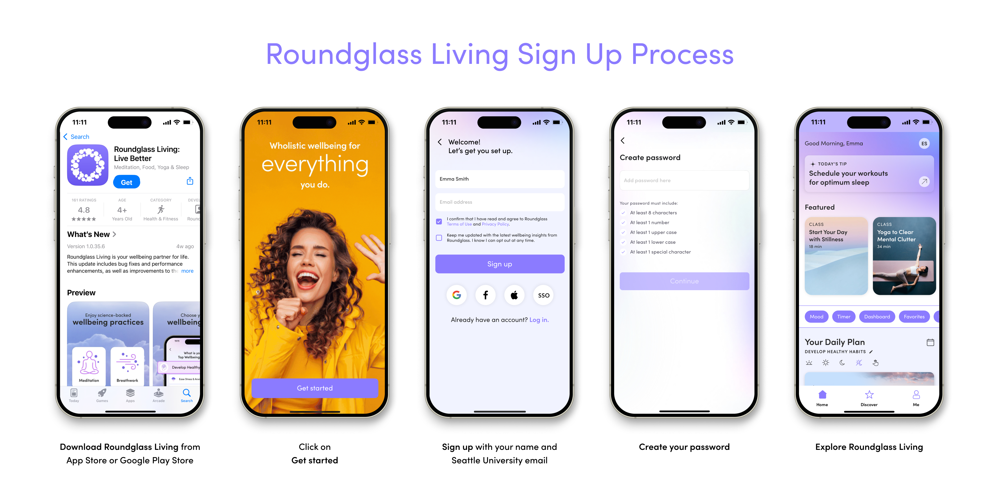 A series of phone screens showing the Roundglass Living sign up process