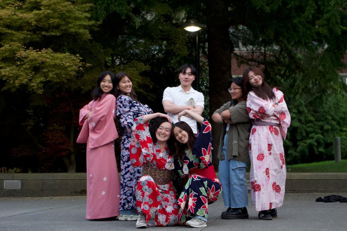 Obon festival students in traditional garb smiling