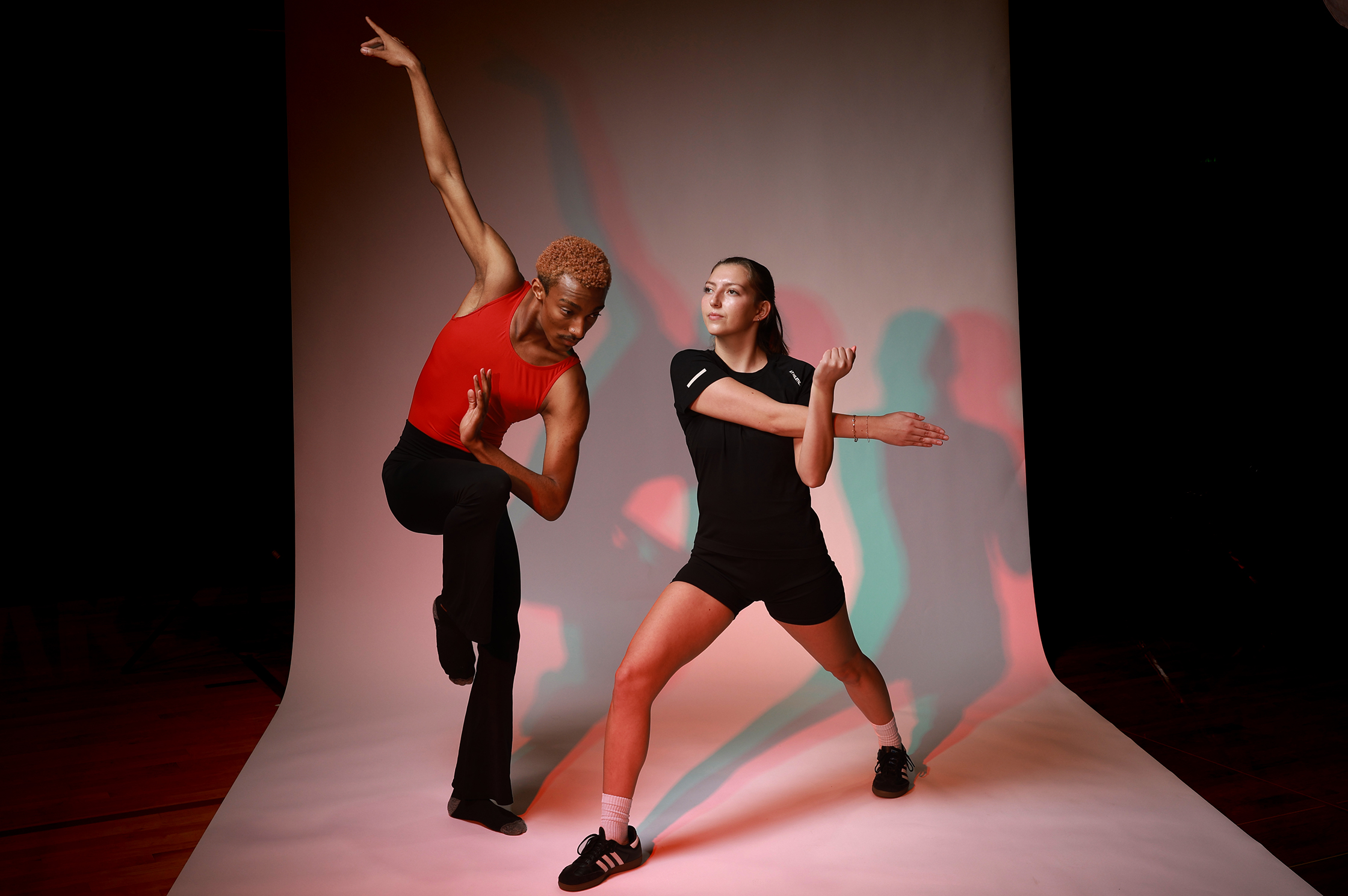 Dancer Bryce Elazier, ’28, and kinesiology student Tabitha Deinzer, ’27, demonstrate the power of movement.