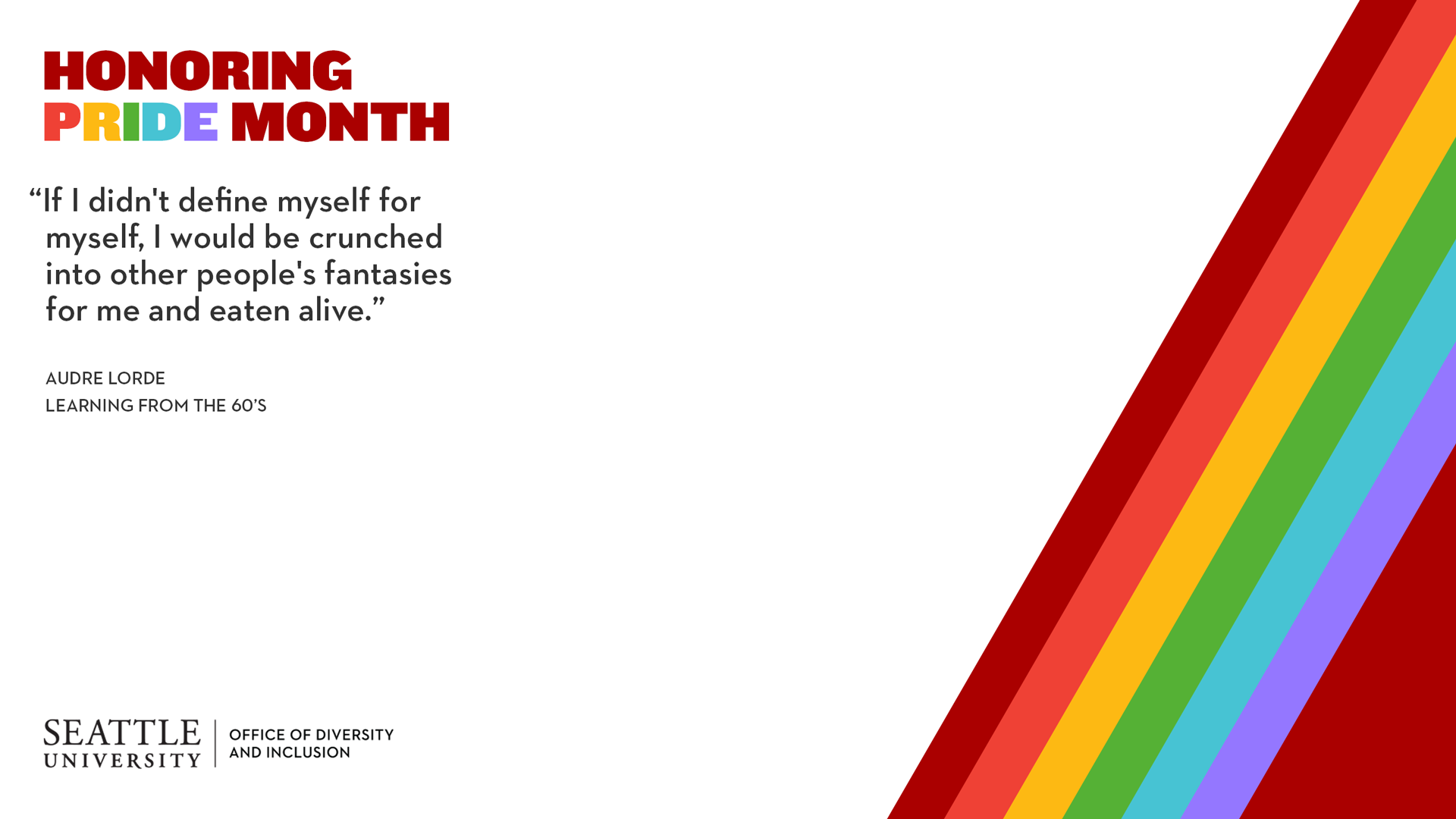 An image with stripe rainbow colors. The title reads “Honoring Pride Month” with a quote from the book “Learning from the 60’s” by Audre Lorde