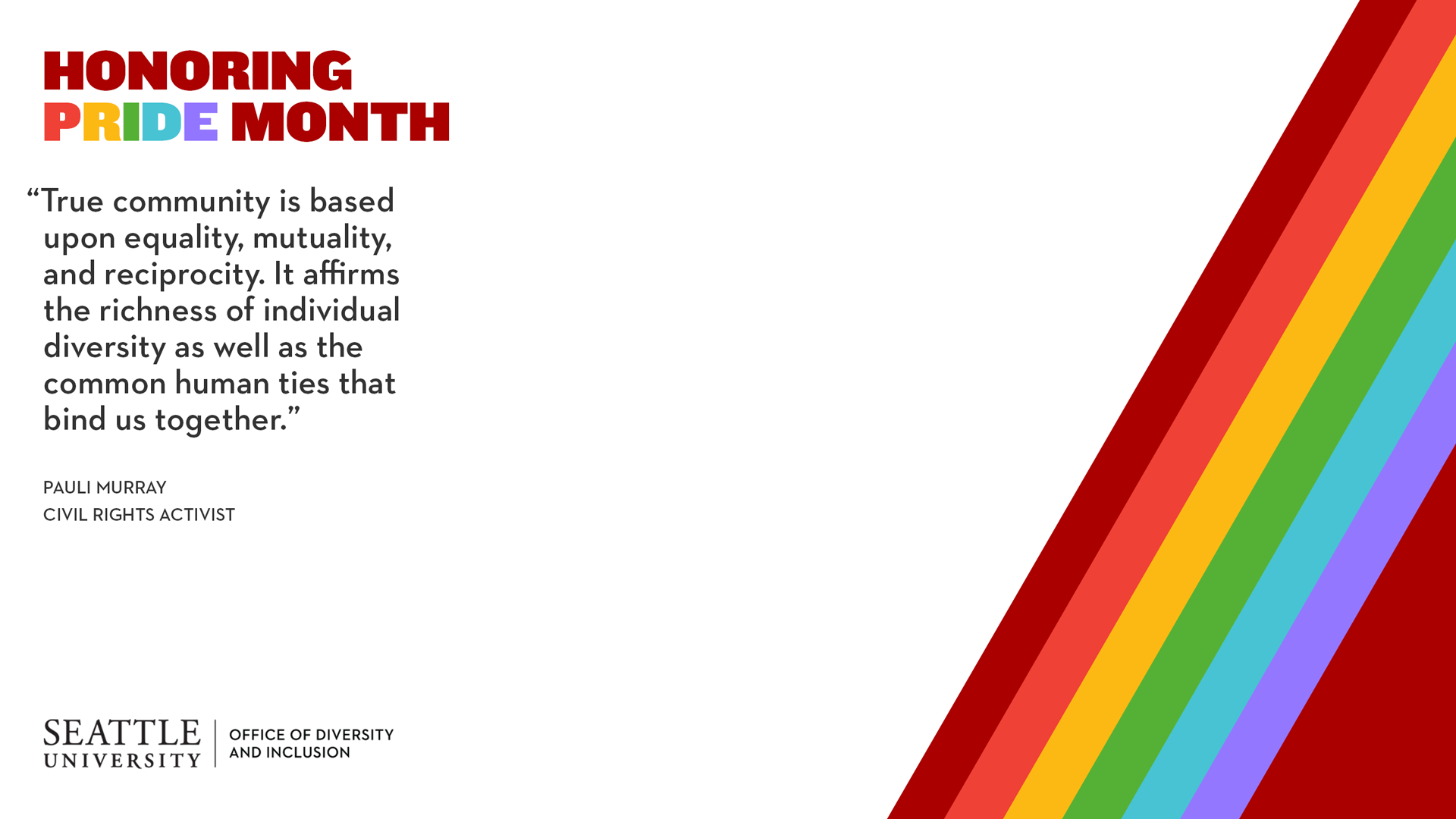 An image with stripe rainbow colors. The title reads “Honoring Pride Month” with a quote by Civil Rights Activist, Pauli Murray.