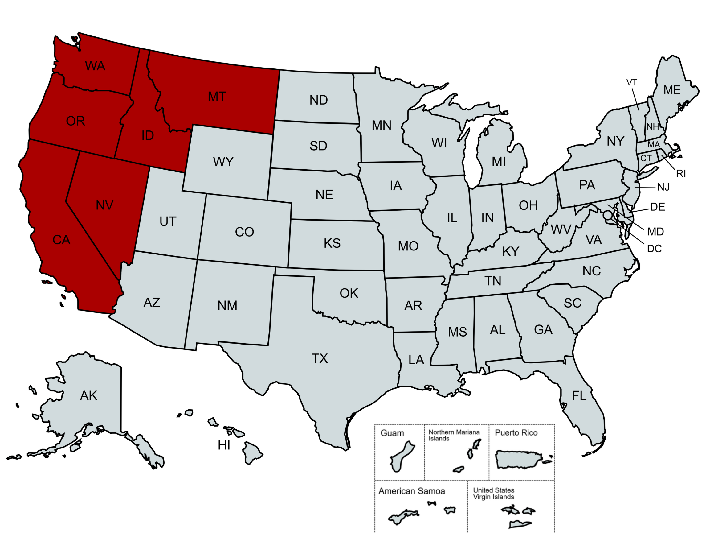 Map of the United States with Washington, Oregon, California, Idaho, Montana, and Nevada filled in red