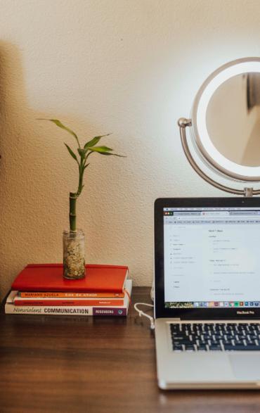 A computer, plant and books on a desk