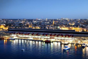 Aerial view of Amsterdam Central Station at night
