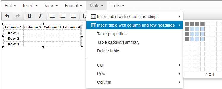 Screen shot of how to create a table with column and row headings for more accessible tables
