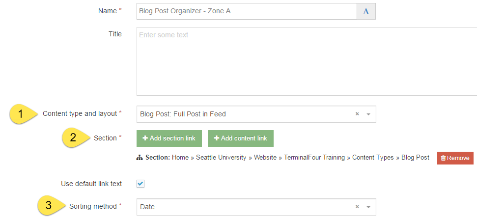 Screet shot of Organizer content type configured for blog