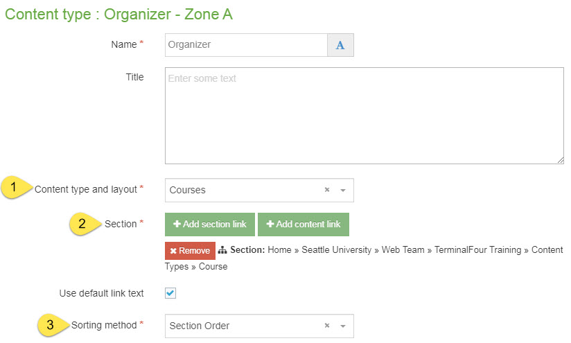 Screenshot of how to configure the organizer content type to use with the course content type