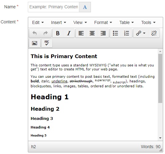 Screen shot of the Primary, Secondary, or Supplemental content type