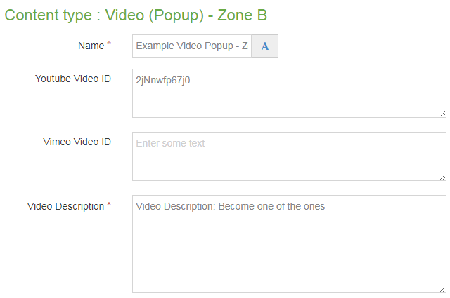 Screen shot of Video popup Zone B content type